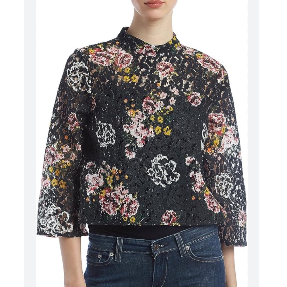 NWT Hippie Laundry Floral Crochet Lace Crop Top 3/4 Sleeve Black Multicolor Sz S